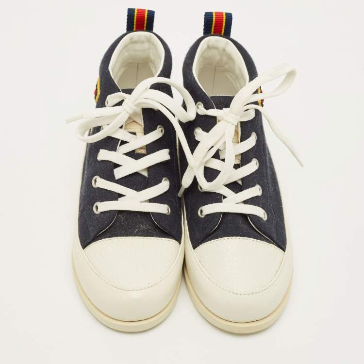 Pre Owned Louis Vuitton Fastball  Size 31 White/Blue Leather and Canvas High Top Sneakers