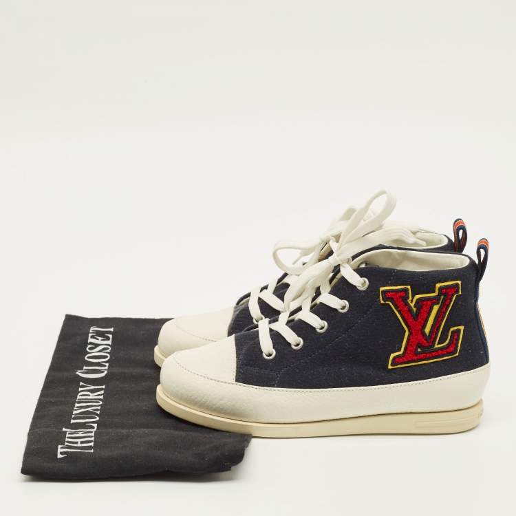 Pre Owned Louis Vuitton Fastball  Size 31 White/Blue Leather and Canvas High Top Sneakers
