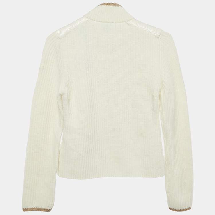 Pre Owned Moncler Kids Ivory Nylon and Rib Knit Down Cardigan Jacket  12 Yrs
