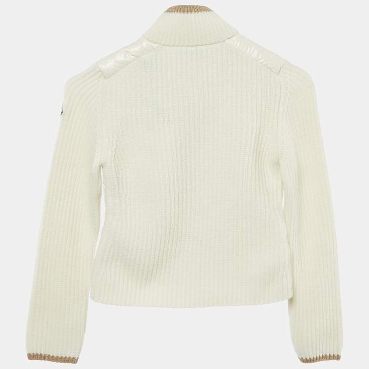 Pre Owned Moncler Kids Ivory Nylon and Rib Knit Down Cardigan Jacket 8 Yrs