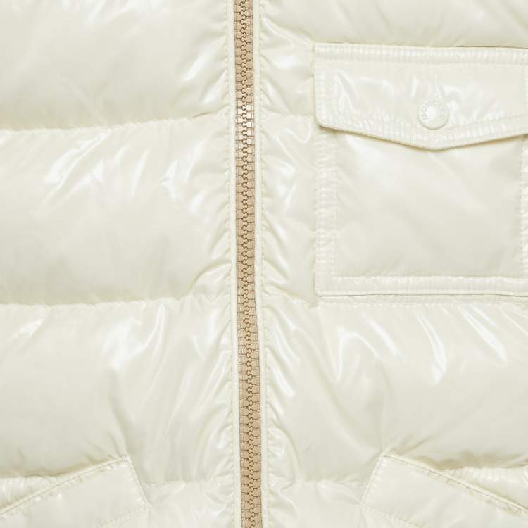 Pre Owned Moncler Kids Ivory Nylon and Rib Knit Down Cardigan Jacket 8 Yrs