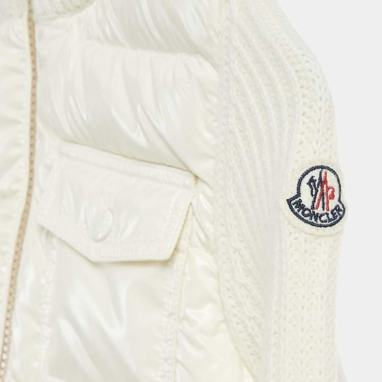 Pre Owned Moncler Kids Ivory Nylon and Rib Knit Down Cardigan Jacket 8 Yrs