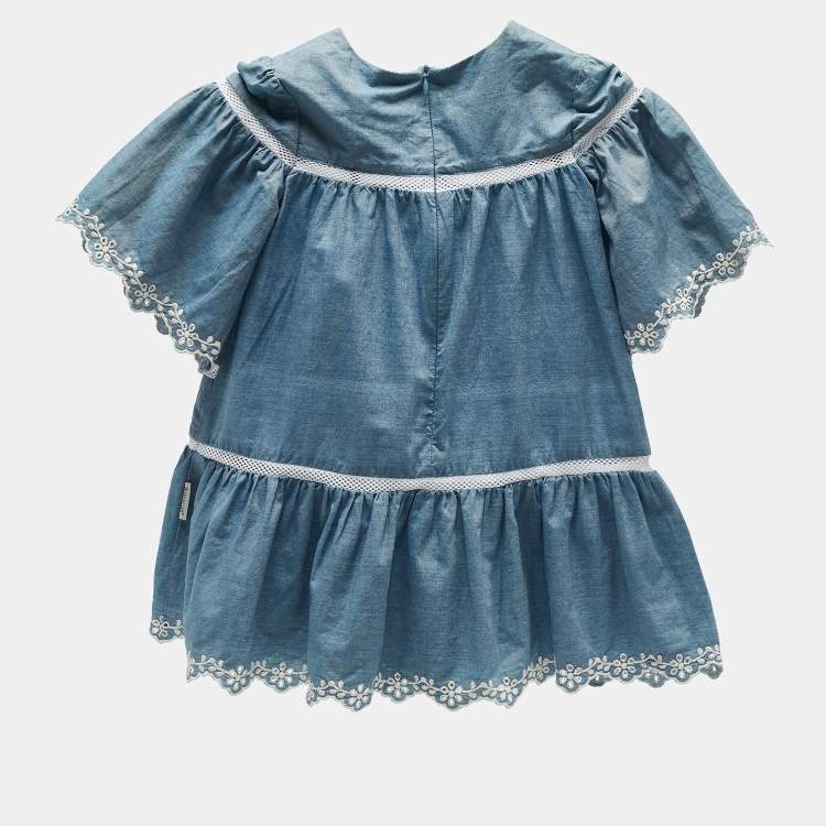 Pre Owned Moncler Kids Blue Cotton Eyelet Embroidered Dress 4 Yrs