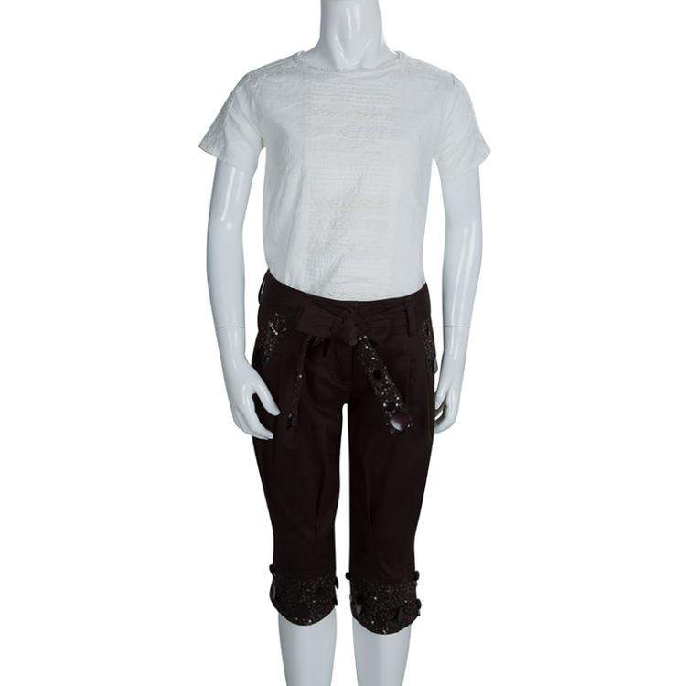 Pre Owned Monnalisa Dark Brown Sequin Embellished Belted Cotton Pants 8 Yrs