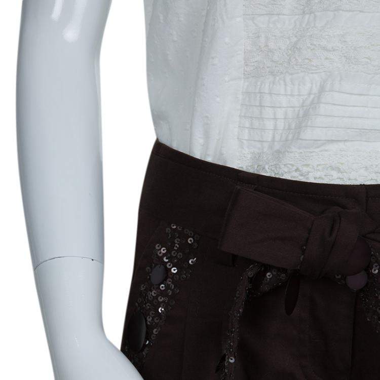 Pre Owned Monnalisa Dark Brown Sequin Embellished Belted Cotton Pants 8 Yrs