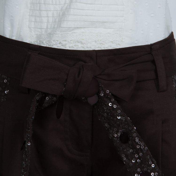 Pre Owned Monnalisa Dark Brown Sequin Embellished Belted Cotton Pants 8 Yrs