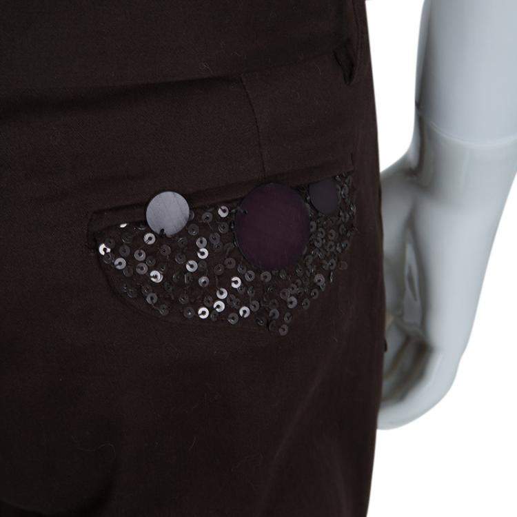 Pre Owned Monnalisa Dark Brown Sequin Embellished Belted Cotton Pants 8 Yrs