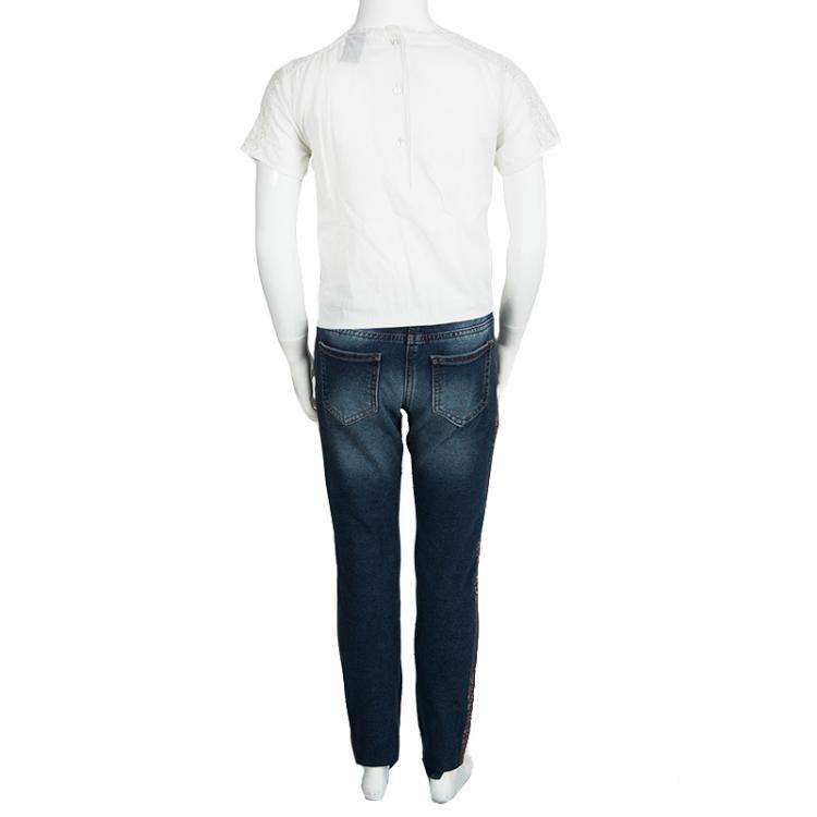 Pre Owned Monnalisa Washed Indigo Terry Embellished Side Stripe Detail Jeggings 10 Yrs