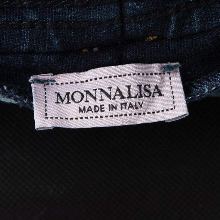 Pre Owned Monnalisa Washed Indigo Terry Embellished Side Stripe Detail Jeggings 10 Yrs