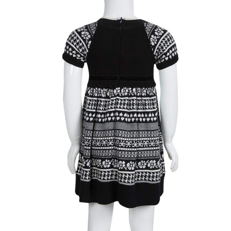 Pre Owned Monnalisa Monochrome Knit Pom-Pom Detail Short Sleeve Dress 4 Yrs