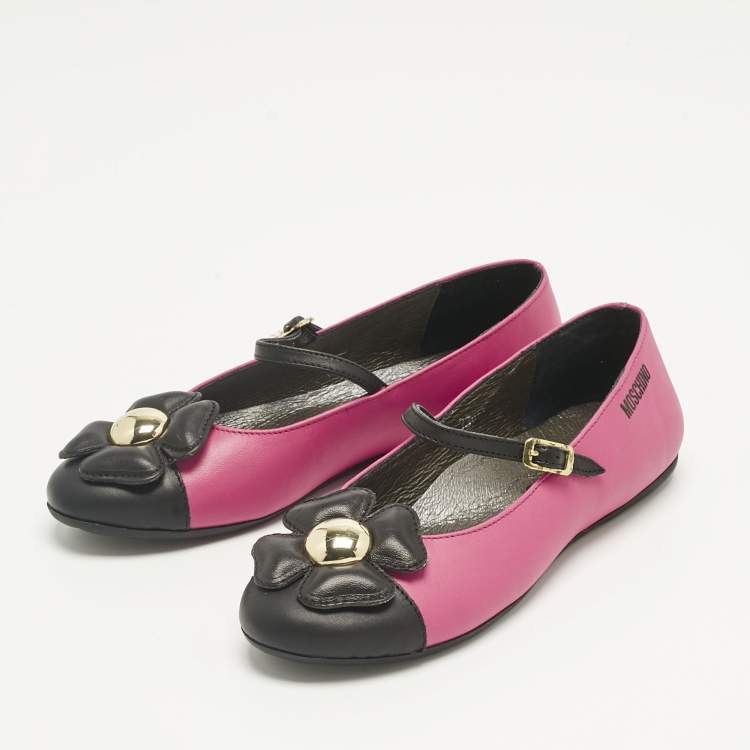 Pre Owned Moschino Pink/Black Leather Flower Ballet Flats Size 33