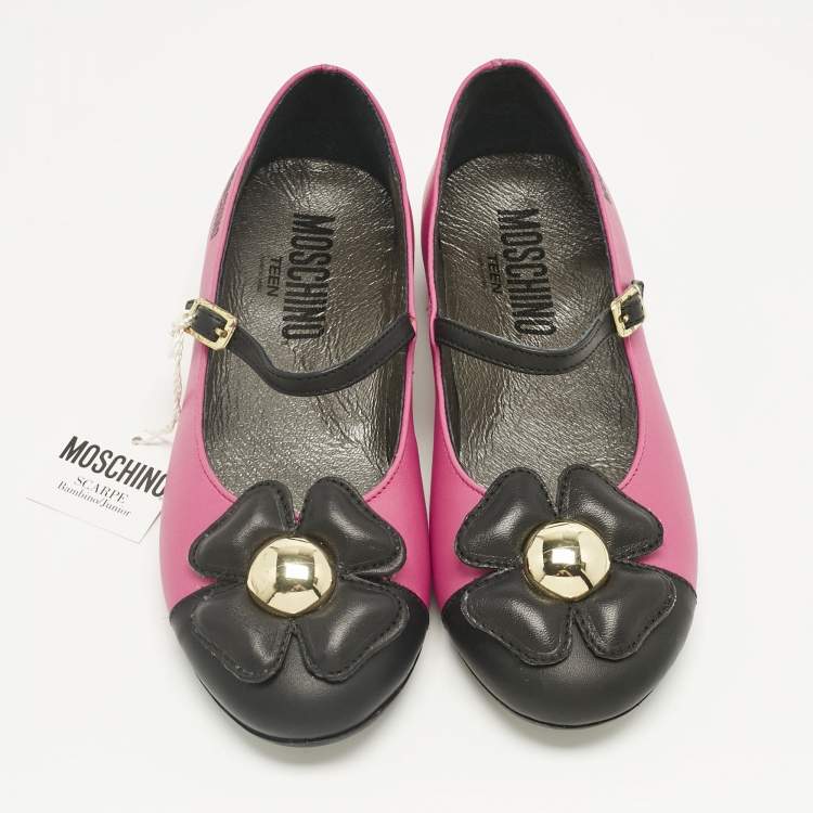 Pre Owned Moschino Pink/Black Leather Flower Ballet Flats Size 33
