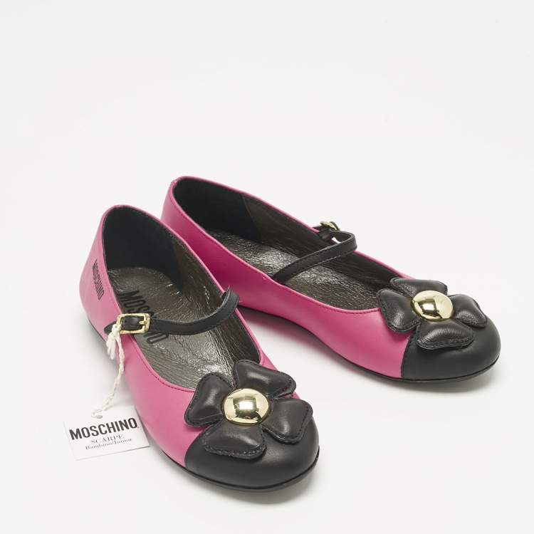 Pre Owned Moschino Pink/Black Leather Flower Ballet Flats Size 33