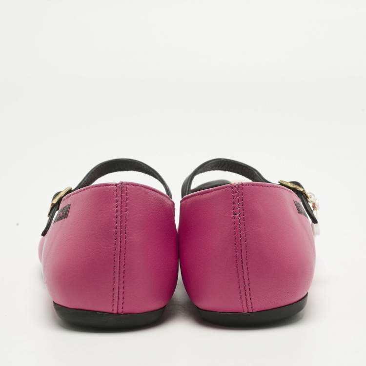 Pre Owned Moschino Pink/Black Leather Flower Ballet Flats Size 33