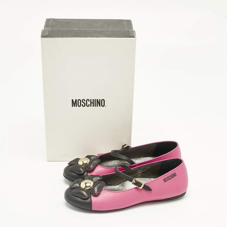 Pre Owned Moschino Pink/Black Leather Flower Ballet Flats Size 33