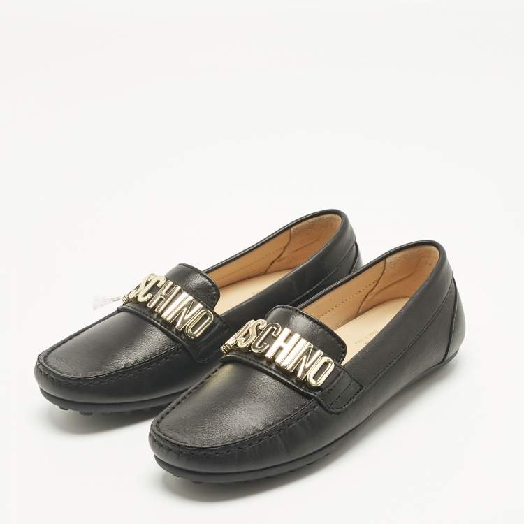 Pre Owned Moschino Black Leather Logo Driving Loafers Size 33 
