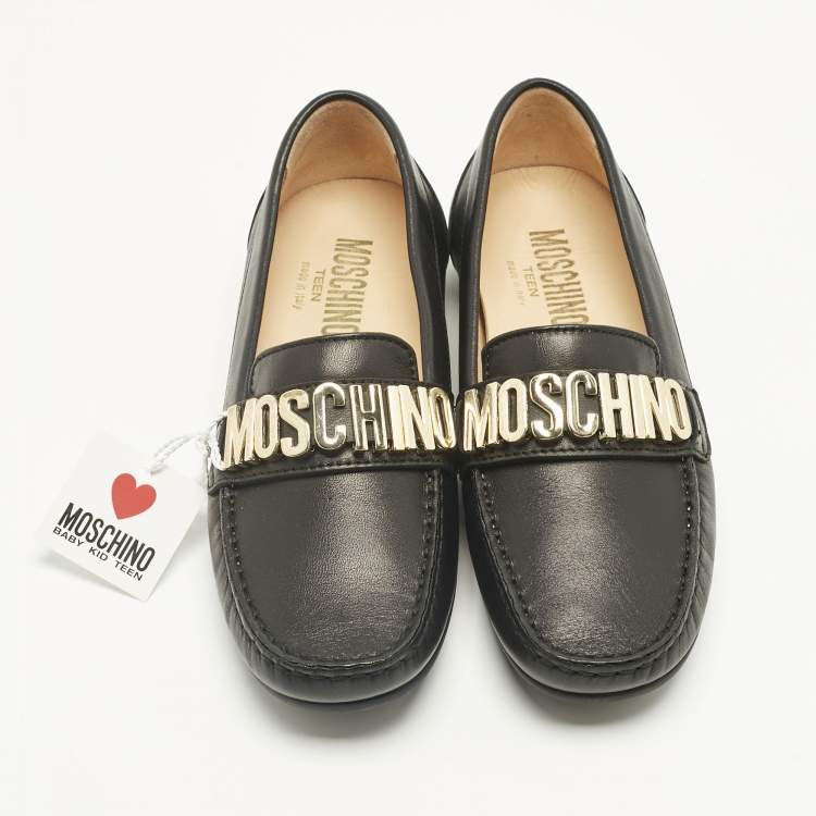 Pre Owned Moschino Black Leather Logo Driving Loafers Size 33 