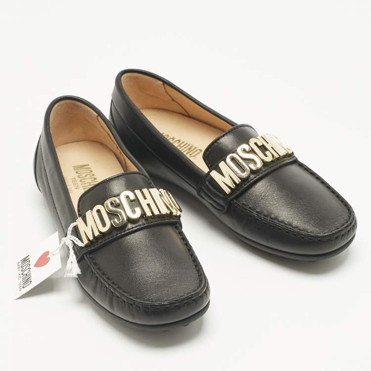 Pre Owned Moschino Black Leather Logo Driving Loafers Size 33 