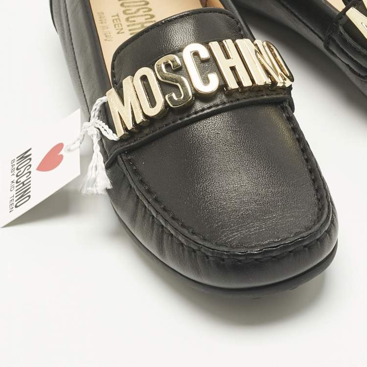 Pre Owned Moschino Black Leather Logo Driving Loafers Size 33 