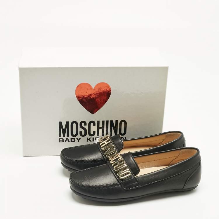 Pre Owned Moschino Black Leather Logo Driving Loafers Size 33 