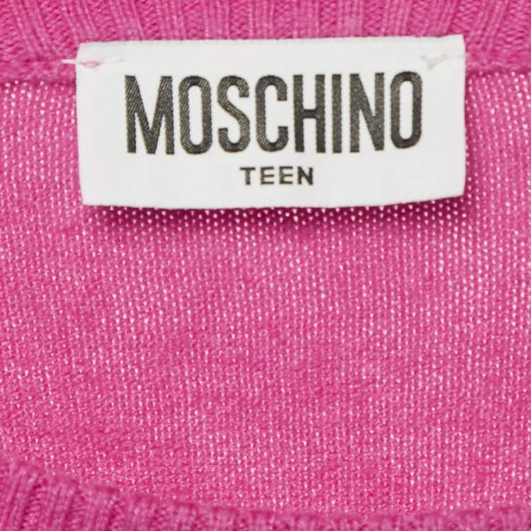 Pre Owned Moschino Teen Pink Bear Pattern Cotton Knit Sweater 10 Yrs