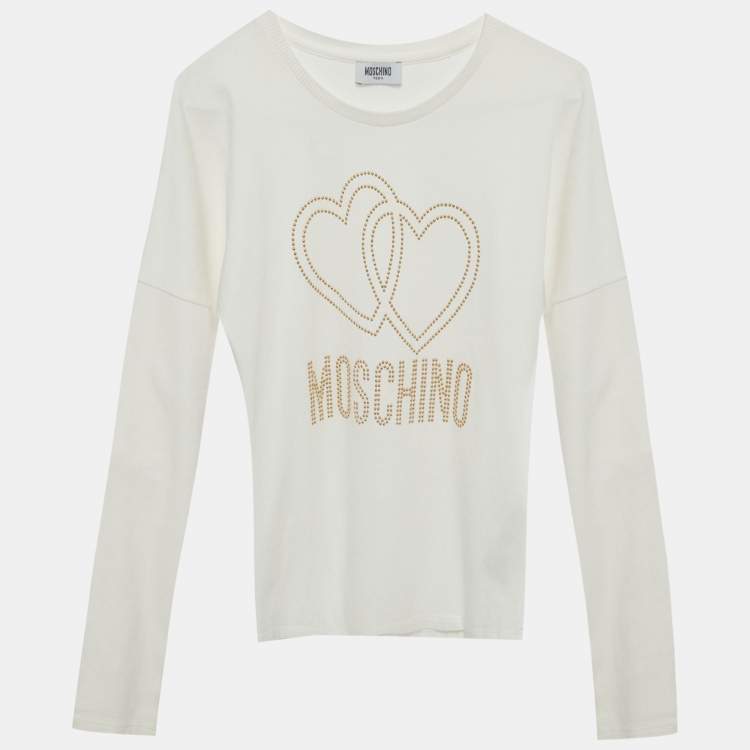 Pre Owned Moschino Teen White Cotton Knit Rhinestone Detail Top 14 Yrs