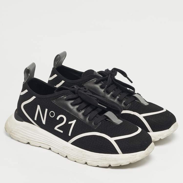 Pre Owned N°21 Black Knit Fabric and Leather Lace Up Sneakers Size 40