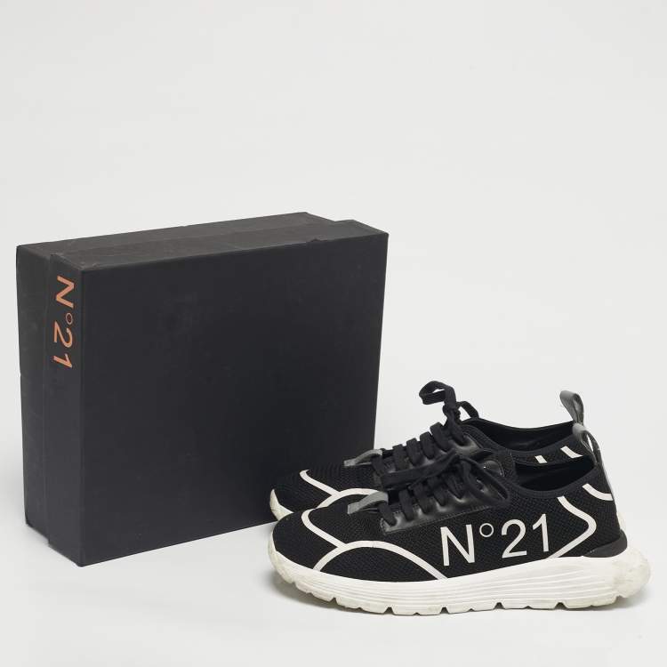 Pre Owned N°21 Black Knit Fabric and Leather Lace Up Sneakers Size 40
