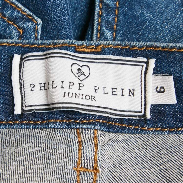 Pre Owned Philipp Plein Kids Blue Ripped Denim Jeans 6 Yrs Waist 22"