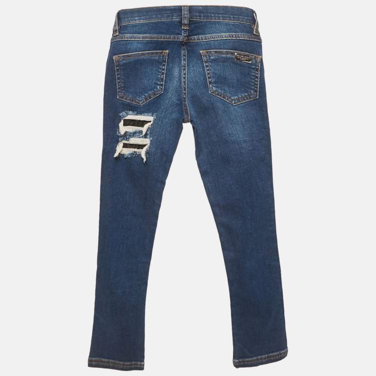 Pre Owned Philipp Plein Kids Blue Ripped Denim Jeans 6 Yrs Waist 22"