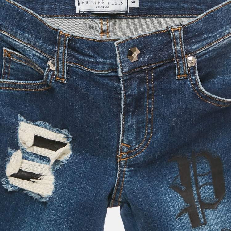 Pre Owned Philipp Plein Kids Blue Ripped Denim Jeans 6 Yrs Waist 22"