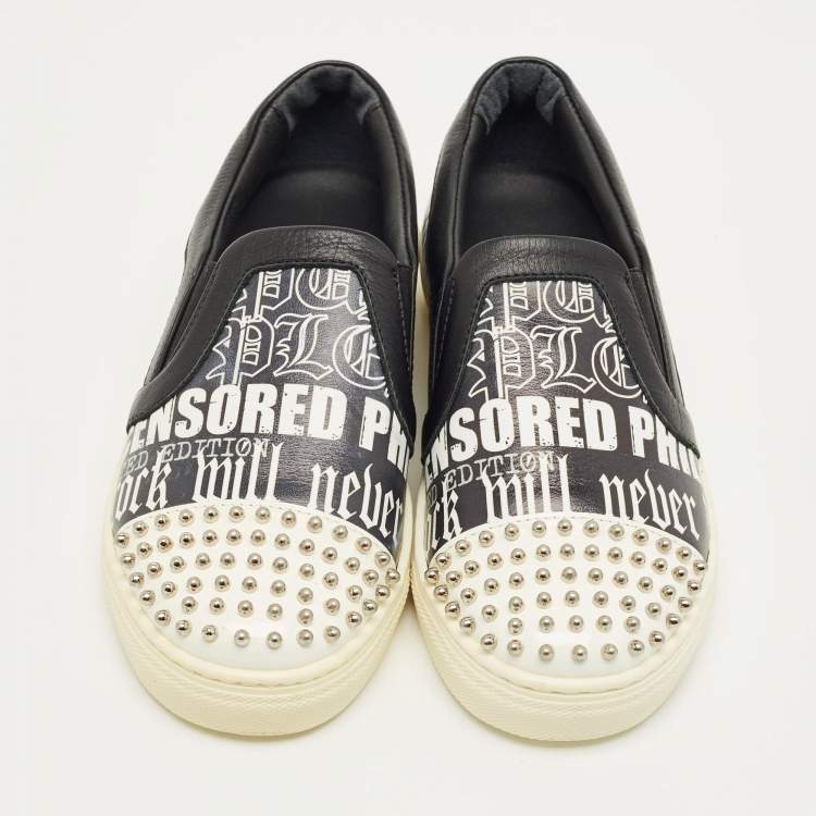 Pre Owned Philipp Plein Black/White Graffiti Print Leather Studded Slip On Sneakers Size 33