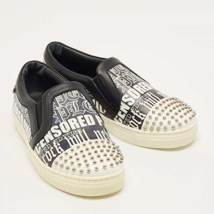 Pre Owned Philipp Plein Black/White Graffiti Print Leather Studded Slip On Sneakers Size 33