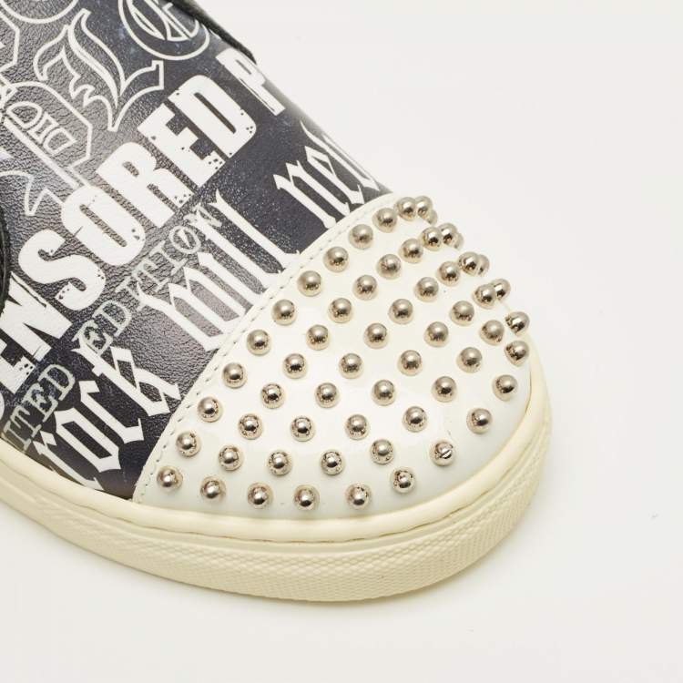 Pre Owned Philipp Plein Black/White Graffiti Print Leather Studded Slip On Sneakers Size 33