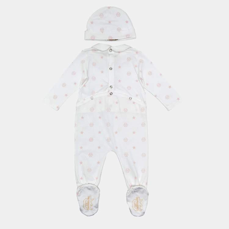 Pre Owned Philip Plein Baby White Printed Cotton Onesie Set 6-9M