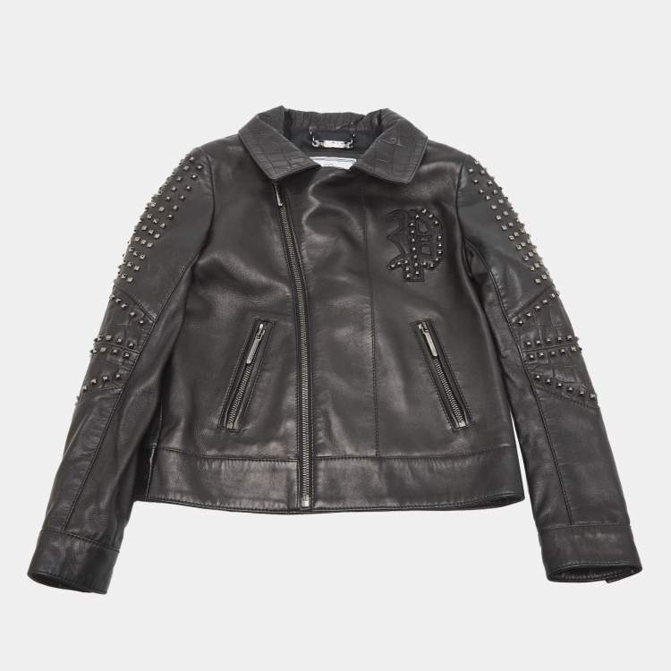 Pre Owned Philipp Plein Junior Black Studded Textured Leather Detail Jacket 8 Yrs 