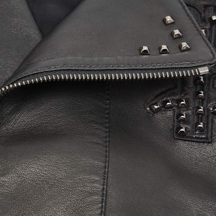 Pre Owned Philipp Plein Junior Black Studded Textured Leather Detail Jacket 8 Yrs 