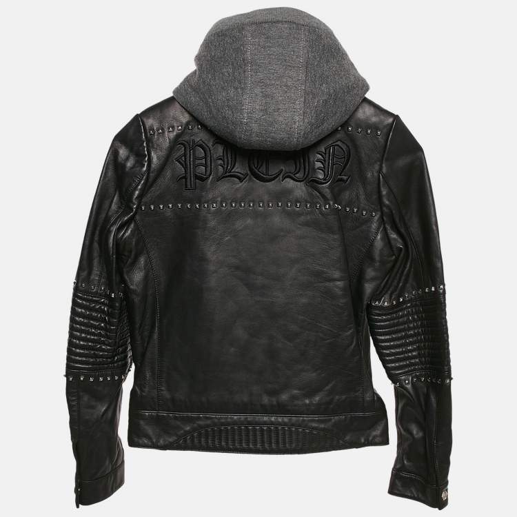Pre Owned : Philipp Plein Junior Black Studded Leather Detachable Hood Biker Jacket 8 Yrs
