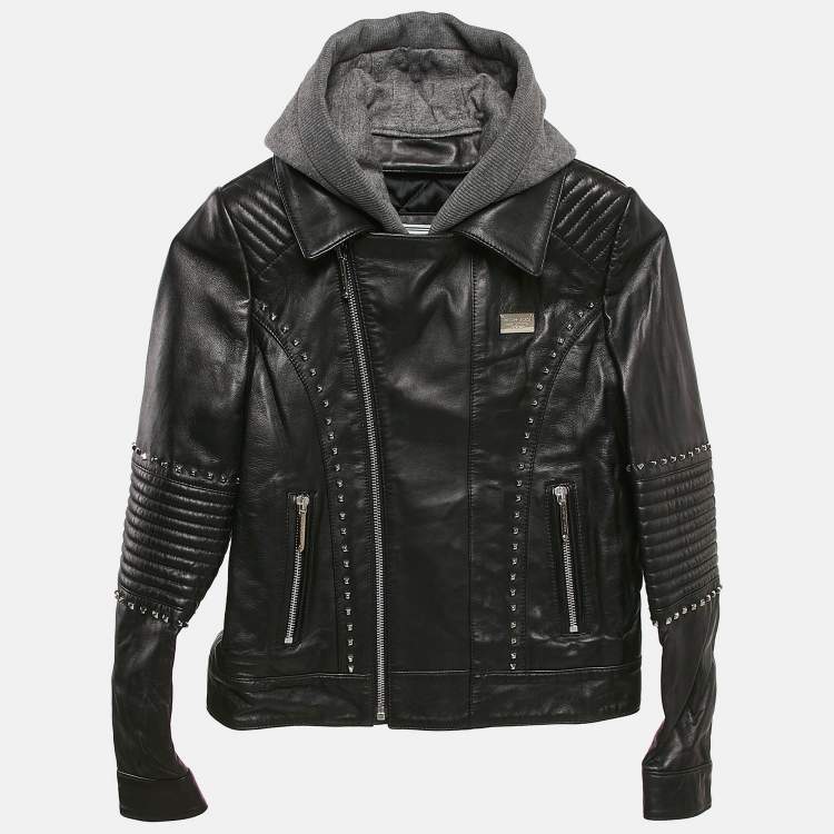 Pre Owned : Philipp Plein Junior Black Studded Leather Detachable Hood Biker Jacket 8 Yrs