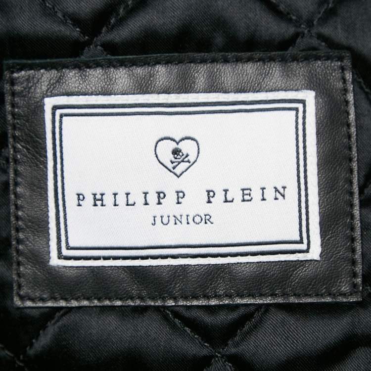 Pre Owned : Philipp Plein Junior Black Studded Leather Detachable Hood Biker Jacket 8 Yrs