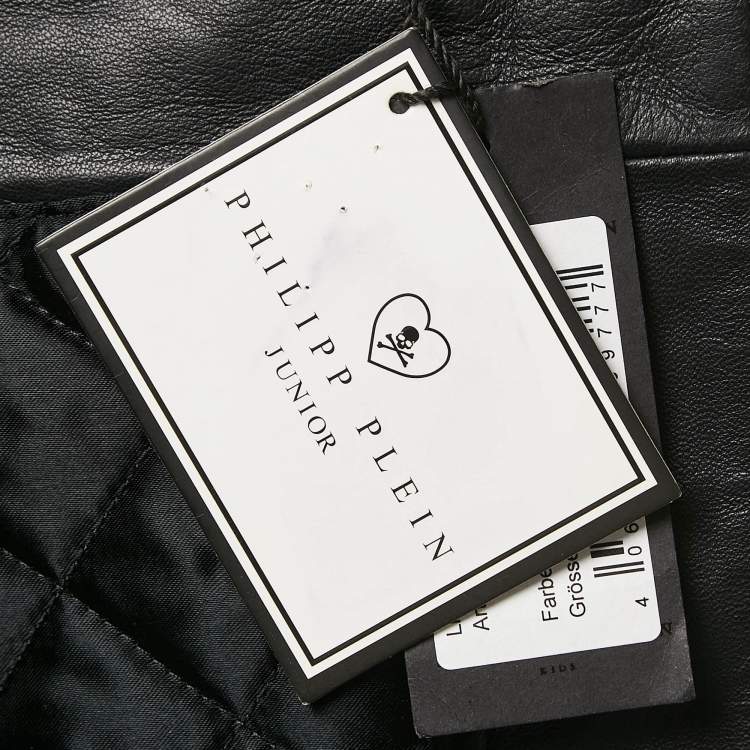 Pre Owned : Philipp Plein Junior Black Studded Leather Detachable Hood Biker Jacket 8 Yrs