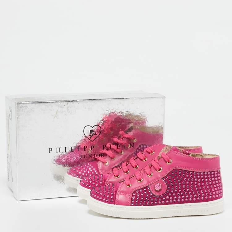 Pre Owned Philipp Plein Pink Suede Crystal Embellished High Top Sneakers Size 29