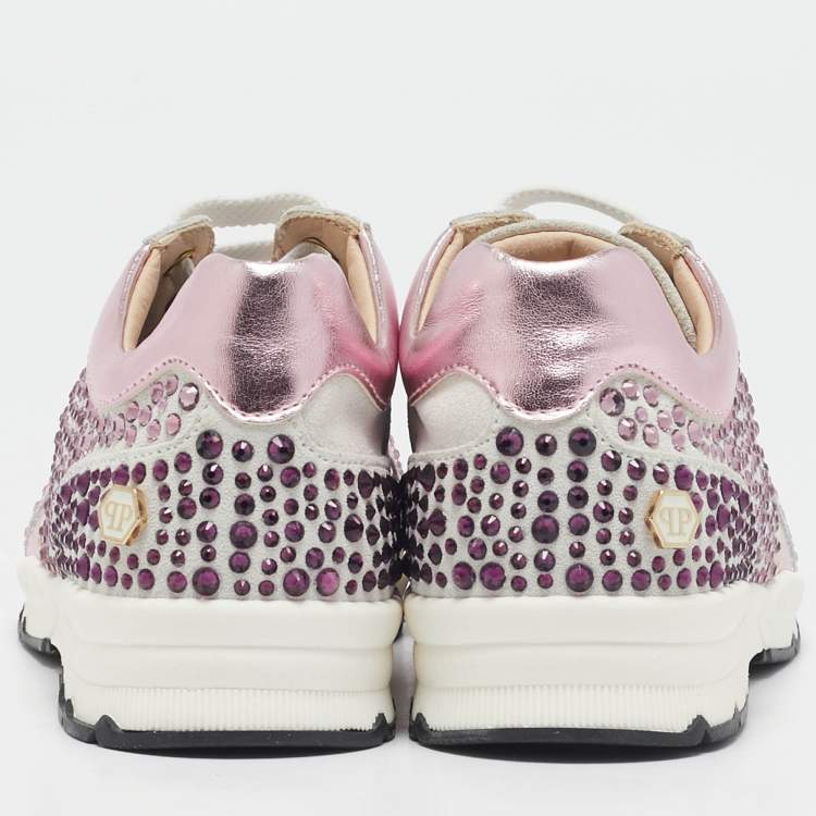 Pre Owned Philipp Plein Metallic Pink/White Leather and Suede Crystal Embellished Klarissa Sneakers Size 29