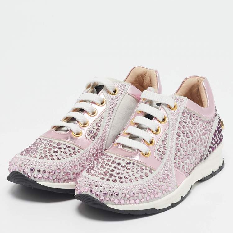 Pre Owned Philipp Plein Metallic Pink/White Leather and Suede Crystal Embellished Klarissa Sneakers Size 29