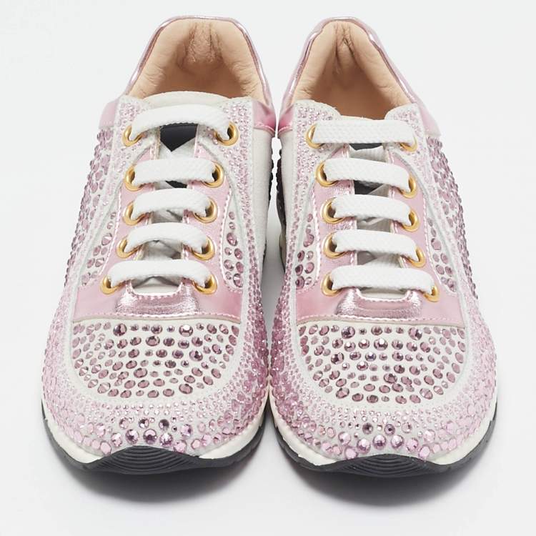 Pre Owned Philipp Plein Metallic Pink/White Leather and Suede Crystal Embellished Klarissa Sneakers Size 29