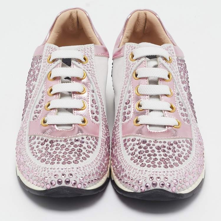 Pre Owned Philipp Plein Metallic Pink/White Leather and Suede Crystal Embellished Klarissa Sneakers Size 31