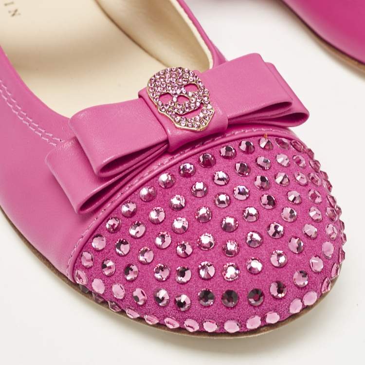 Pre Owned Philipp Plein Pink Leather and Suede Crystal Embellished Bow Ballet Flats Size 30