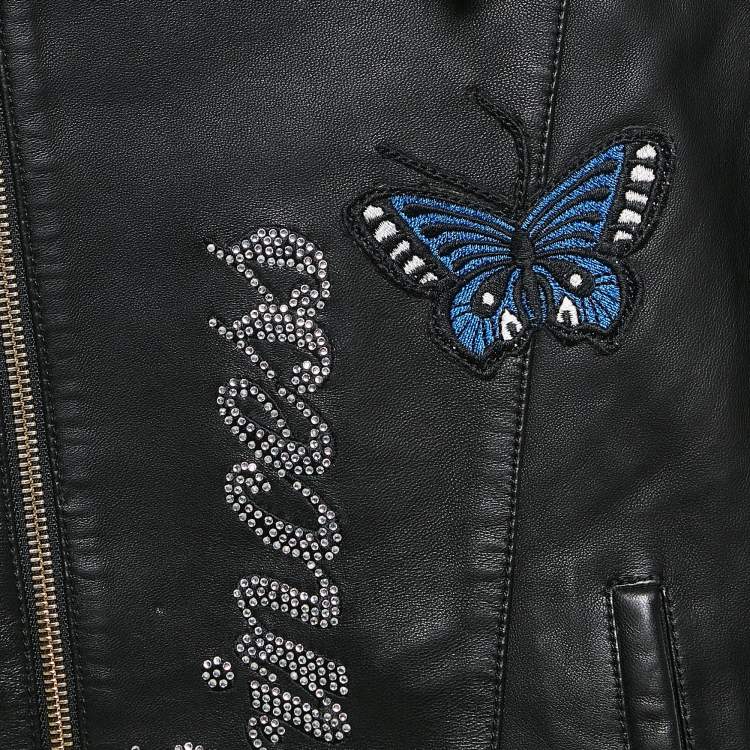 Pre Owned Philipp Plein Junior Black Applique Leather Detail Zip-Up Jacket 8 Yrs
