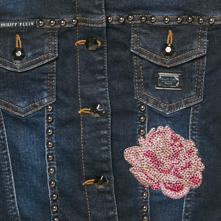 Pre Owned Philipp Plein Junior Navy Blue Embellished Denim Carla Jacket 6 Yrs 