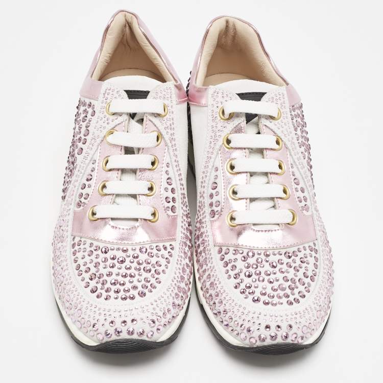 Pre Owned Philipp Plein Metallic Pink/White Leather and Suede Crystal Embellished Klarissa Sneakers Size 34
